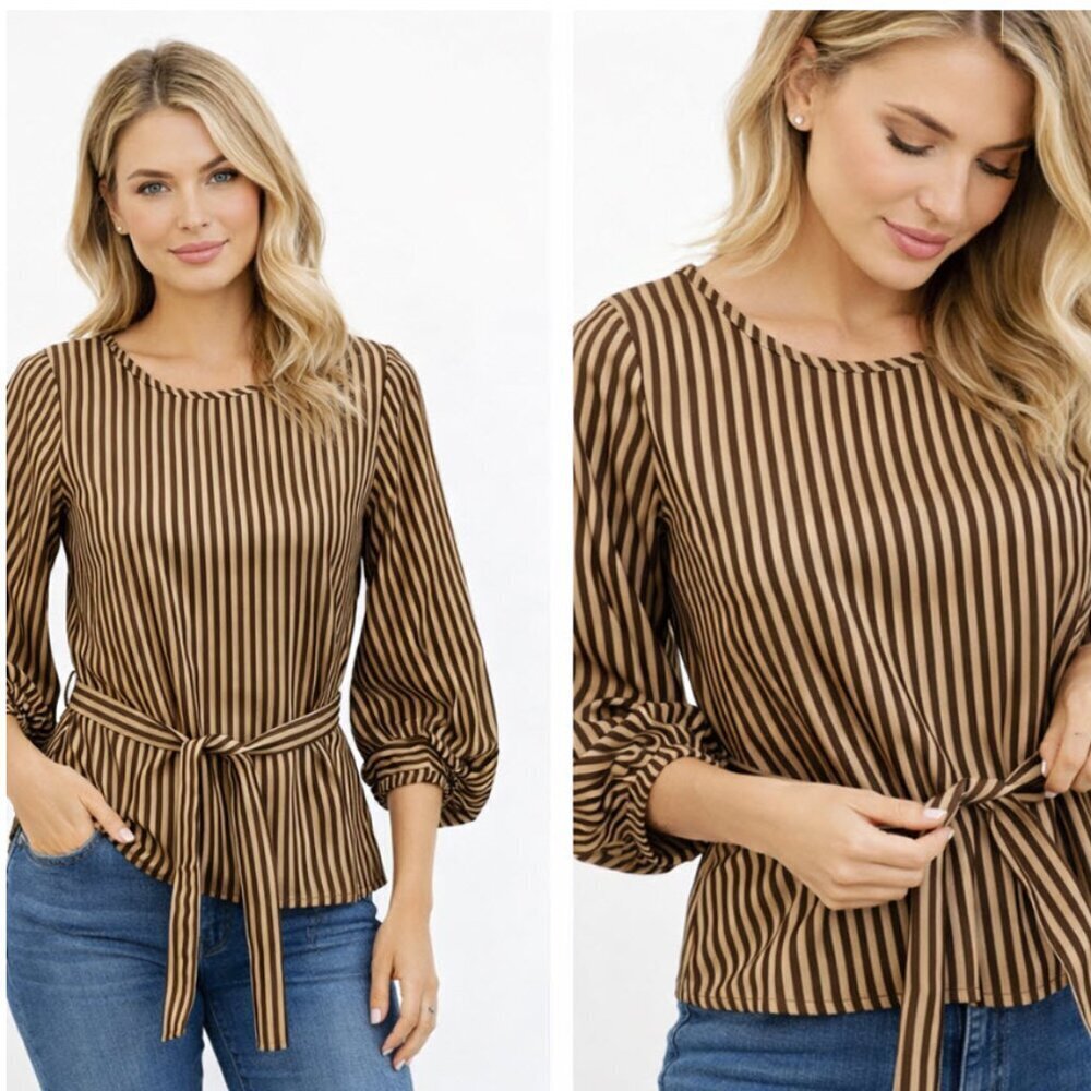 Brown Striped Balloon sleeves Top